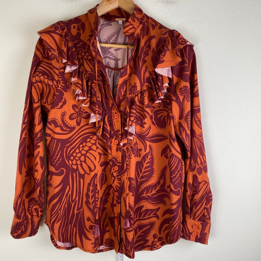 Johanna Ortiz Dreams Of Orient Ruffle Bib Blouse Red Orange Size 4 - Picture 11 of 16